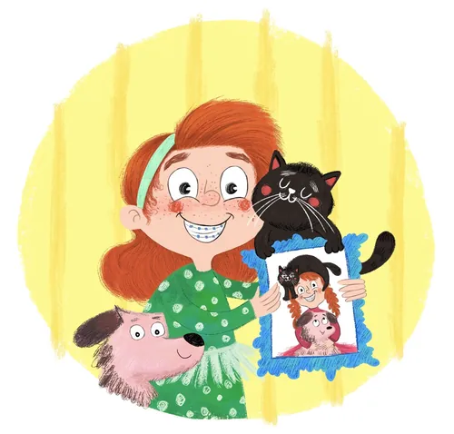 Smiling red-haired girl holding cat and framed portrait with dog by Dalia Awad