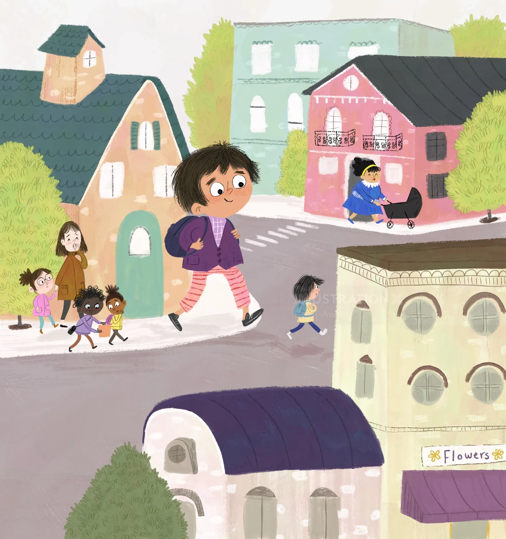 Children walking and playing in a colorful neighborhood by Dalia Awad