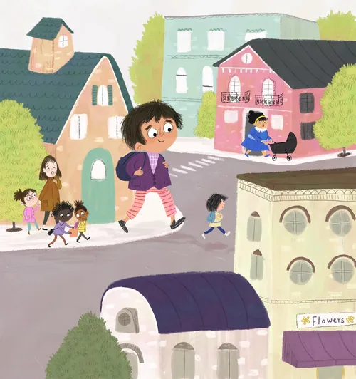 Children walking and playing in a colorful neighborhood by Dalia Awad