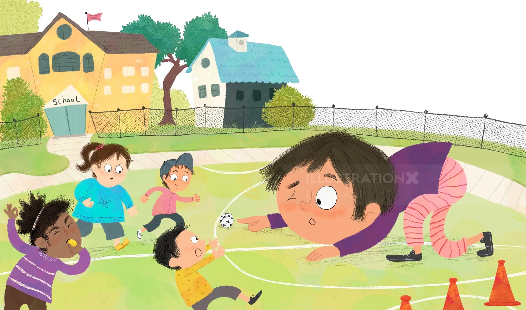 Children playing sports outside near school playground by Dalia Awad