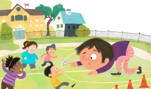 Children playing sports outside near school playground by Dalia Awad