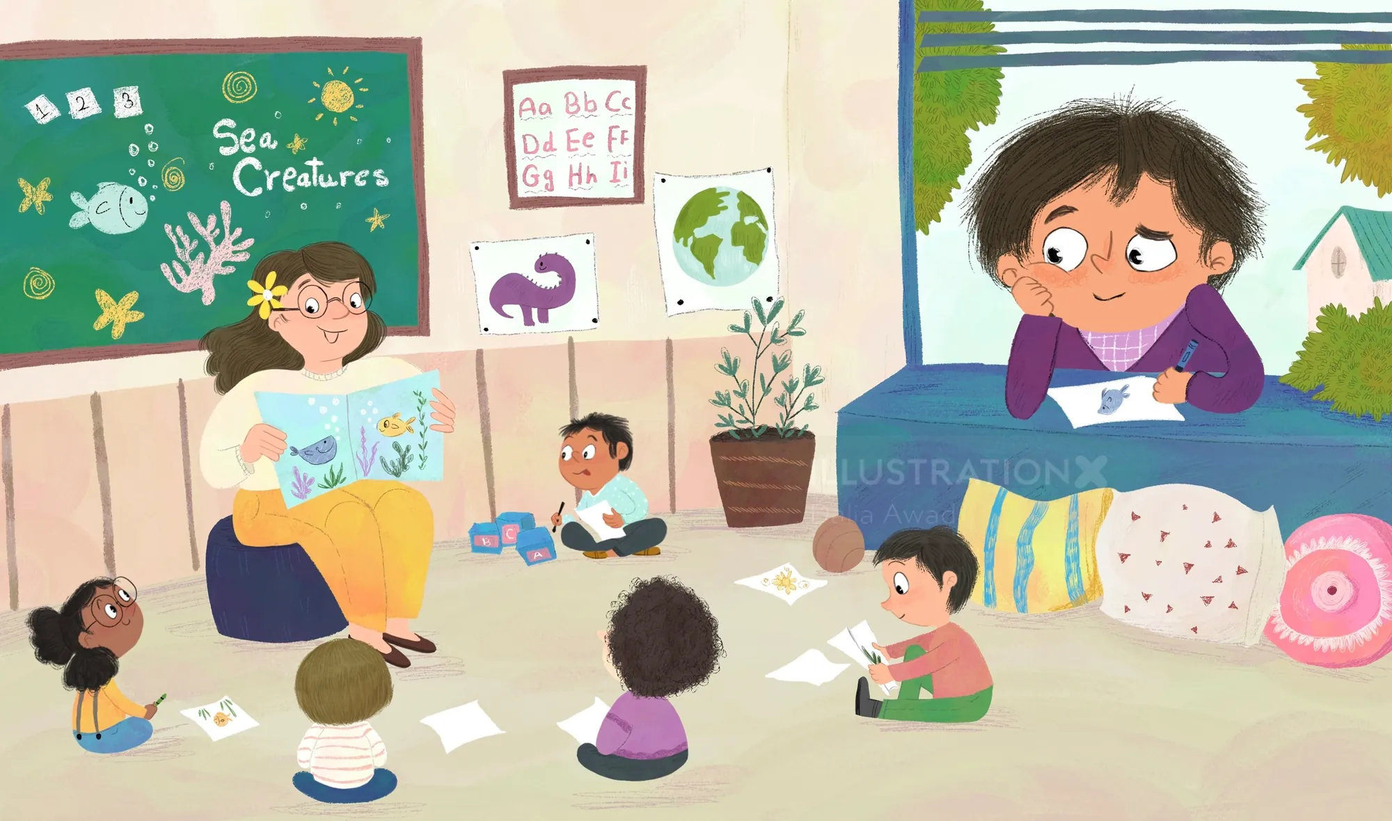 Children reading and playing in colorful classroom by Dalia Awad