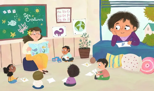 Children reading and playing in colorful classroom by Dalia Awad