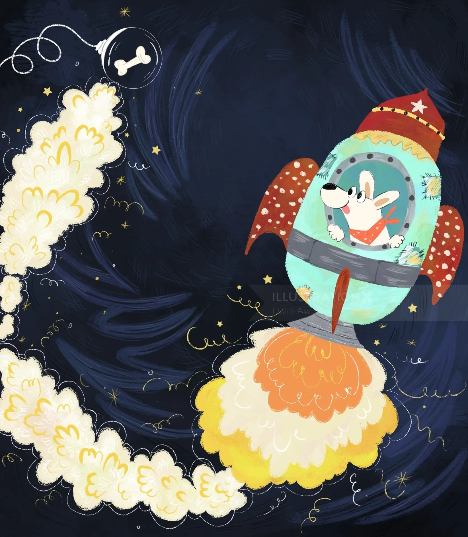 Mouse piloting red rocket in space with smoke trail by Dalia Awad