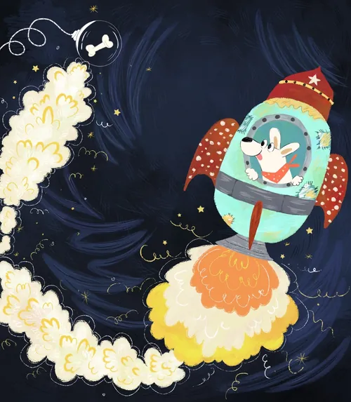 Mouse piloting red rocket in space with smoke trail by Dalia Awad