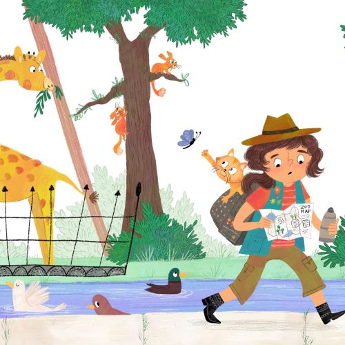 Child exploring zoo with giraffe, monkeys, ducks by pond by Dalia Awad
