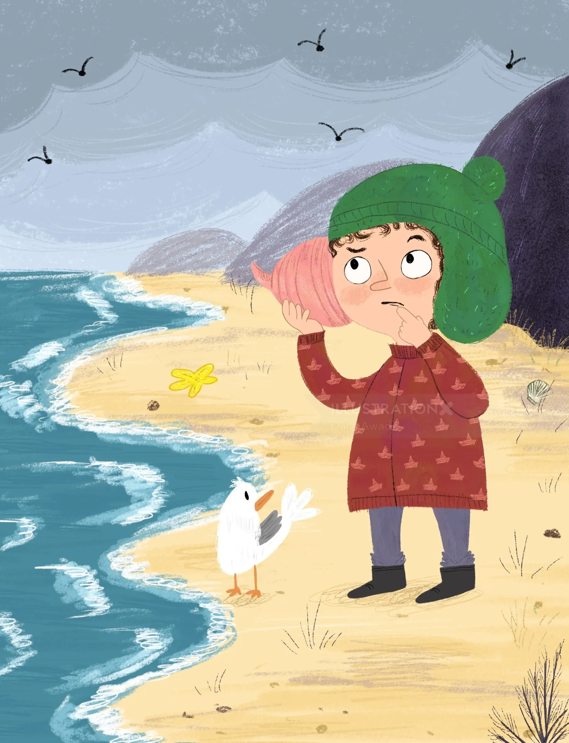 Child in green hat listening to seashell on beach by sea gull by Dalia Awad