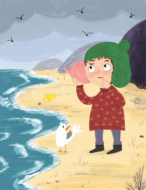 Child in green hat listening to seashell on beach by sea gull by Dalia Awad