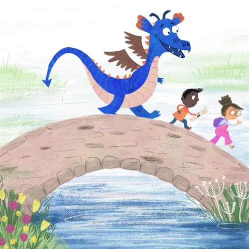 Blue dragon with wings and two children crossing a stone bridge by water by Dalia Awad