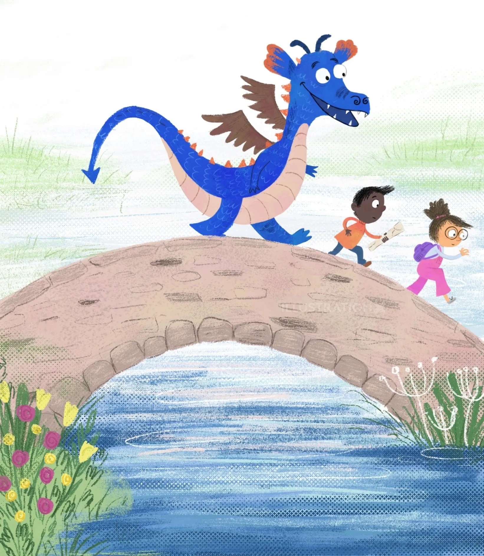 Blue dragon with wings and two children crossing a stone bridge by water by Dalia Awad