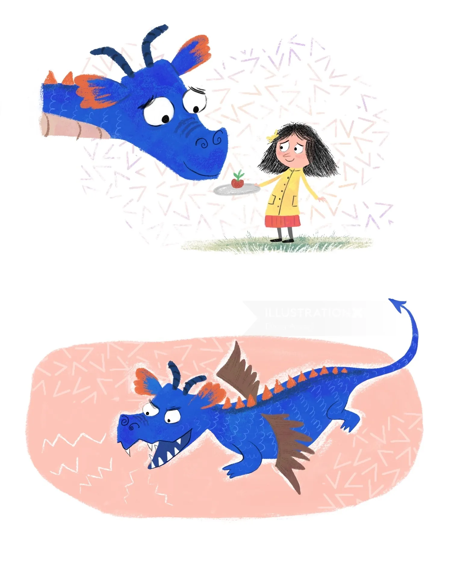 Girl offers flower to blue dragon in two scenes by Dalia Awad