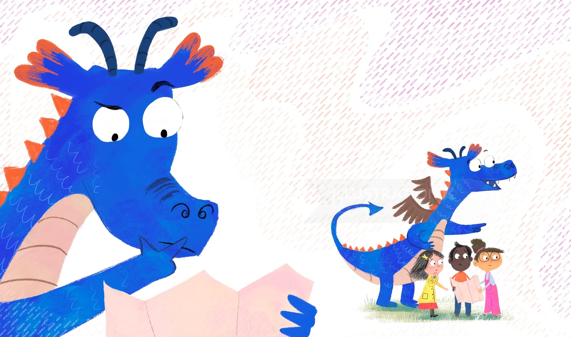 Blue dragon reading map to children and small dragon by Dalia Awad