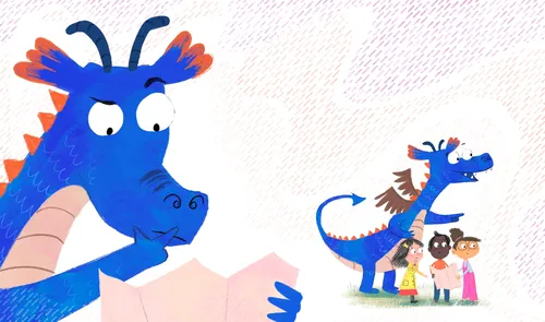 Blue dragon reading map to children and small dragon by Dalia Awad
