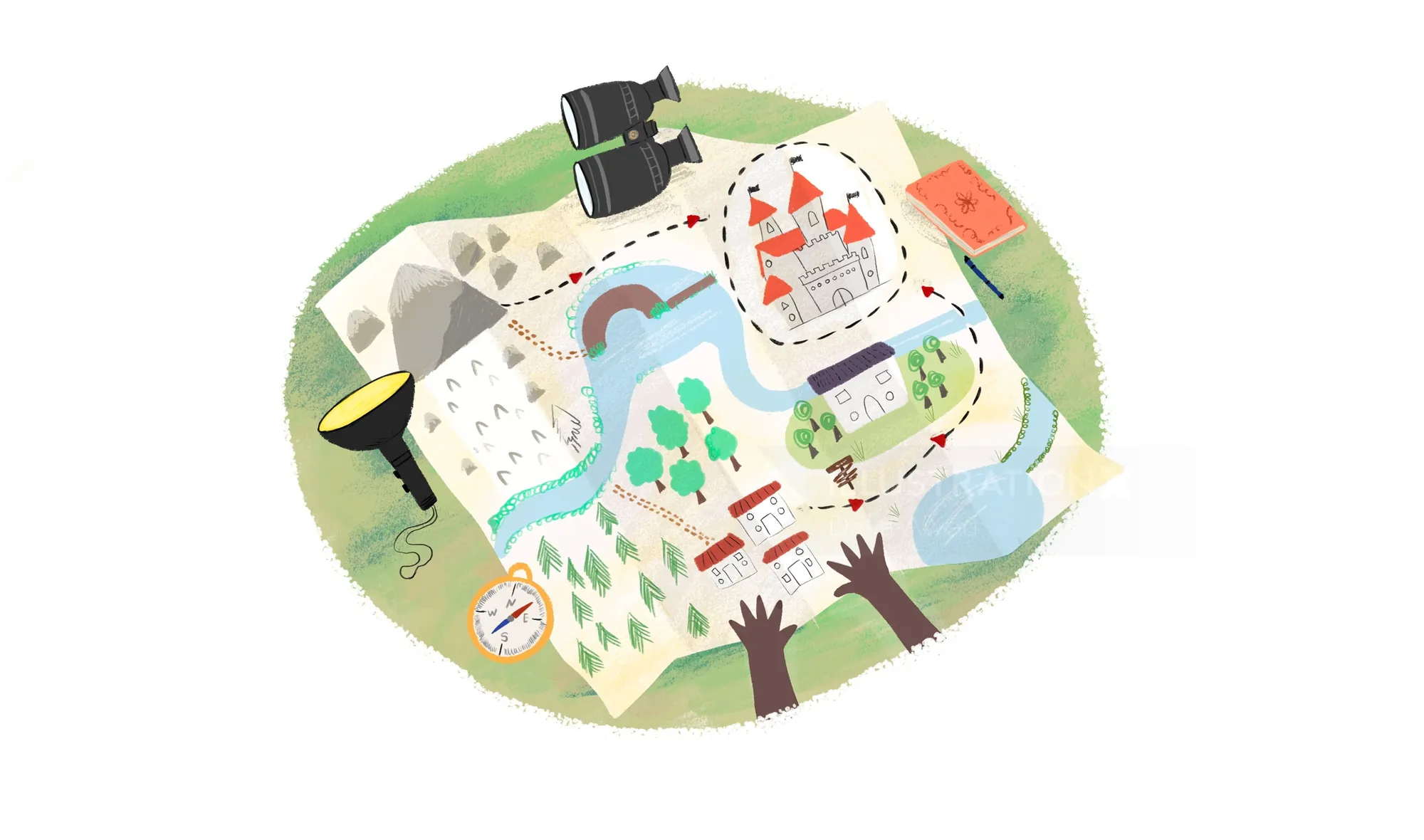 Adventure map with castle, river, compass, binoculars, hands; art by Dalia Awad