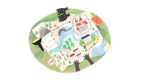 Adventure map with castle, river, compass, binoculars, hands; art by Dalia Awad