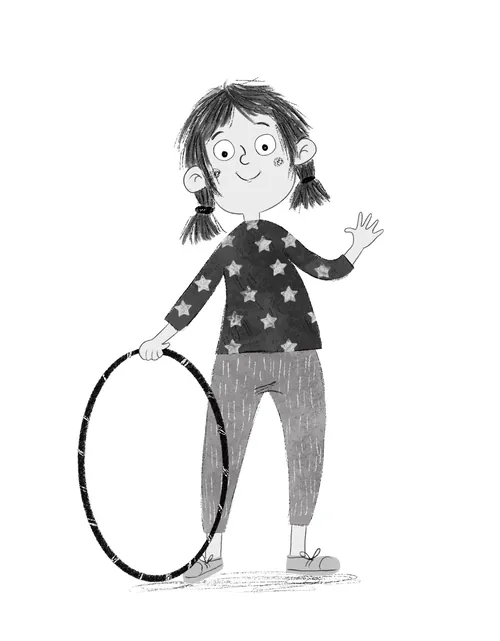 Black and white drawing of a girl holding a hoop by Dalia Awad