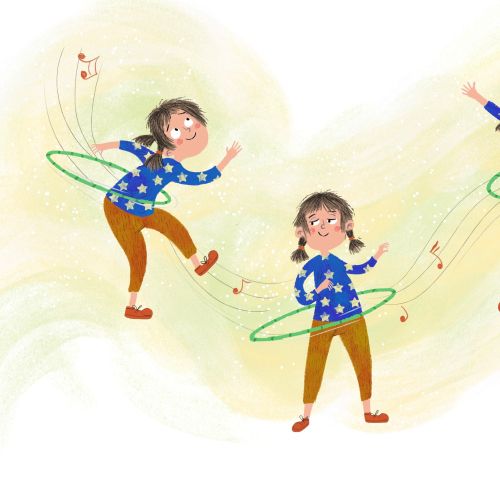 Child joyfully playing with a hula hoop by Dalia Awad