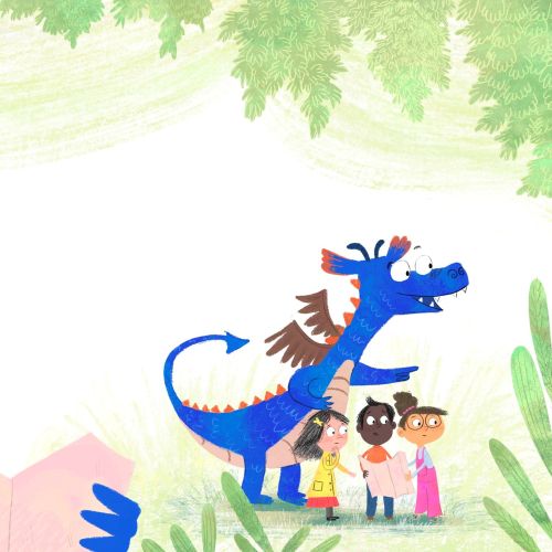 Blue dragon reading book to children outdoors by Dalia Awad