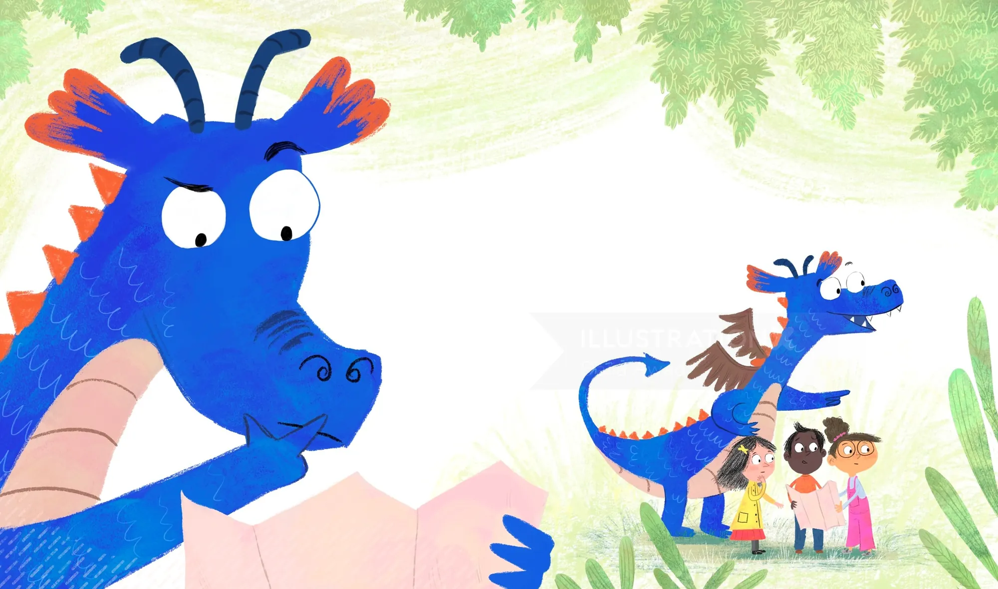 青いドラゴンが子供たちに屋外で本を読み聞かせている（作者：Dalia Awad）