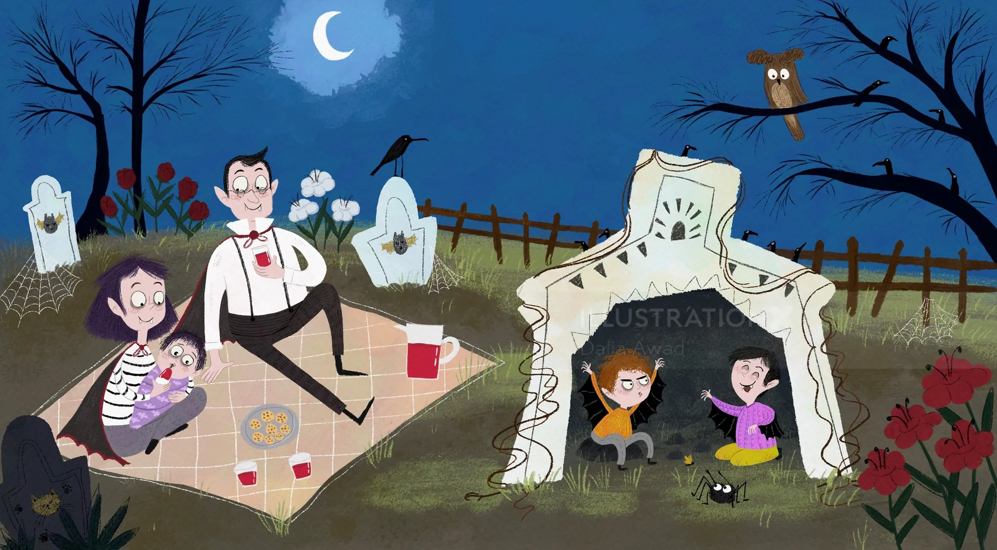 Pique-nique d'Halloween animé près de tombes avec des enfants qui jouent, par Dalia Awad