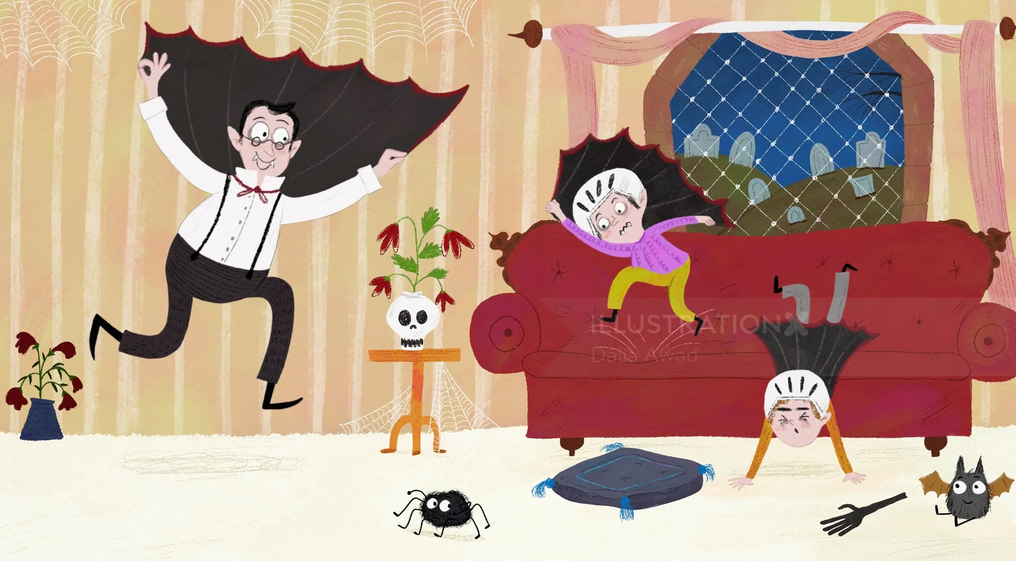 Cartoon family with spider and pets, artwork by Dalia Awad