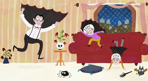 Cartoon family with spider and pets, artwork by Dalia Awad