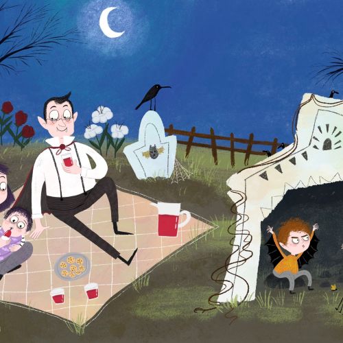 Cartoon vampire family picnic in graveyard under moonlight by Dalia Awad
