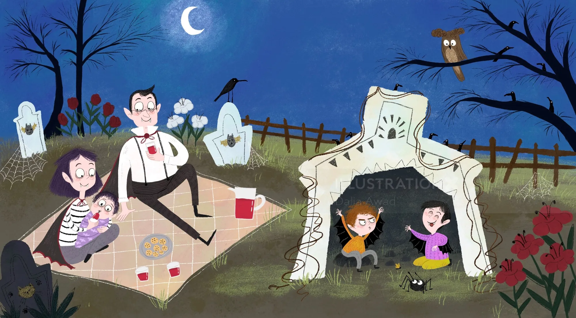 Cartoon vampire family picnic in graveyard under moonlight by Dalia Awad