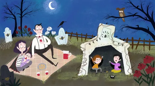Cartoon vampire family picnic in graveyard under moonlight by Dalia Awad