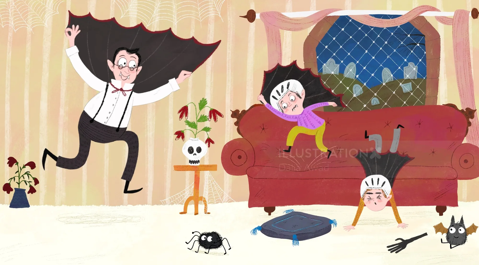 Animated scene of playful man jumping and children on couch by Dalia Awad