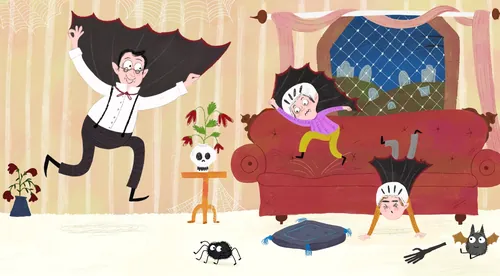 Animated scene of playful man jumping and children on couch by Dalia Awad