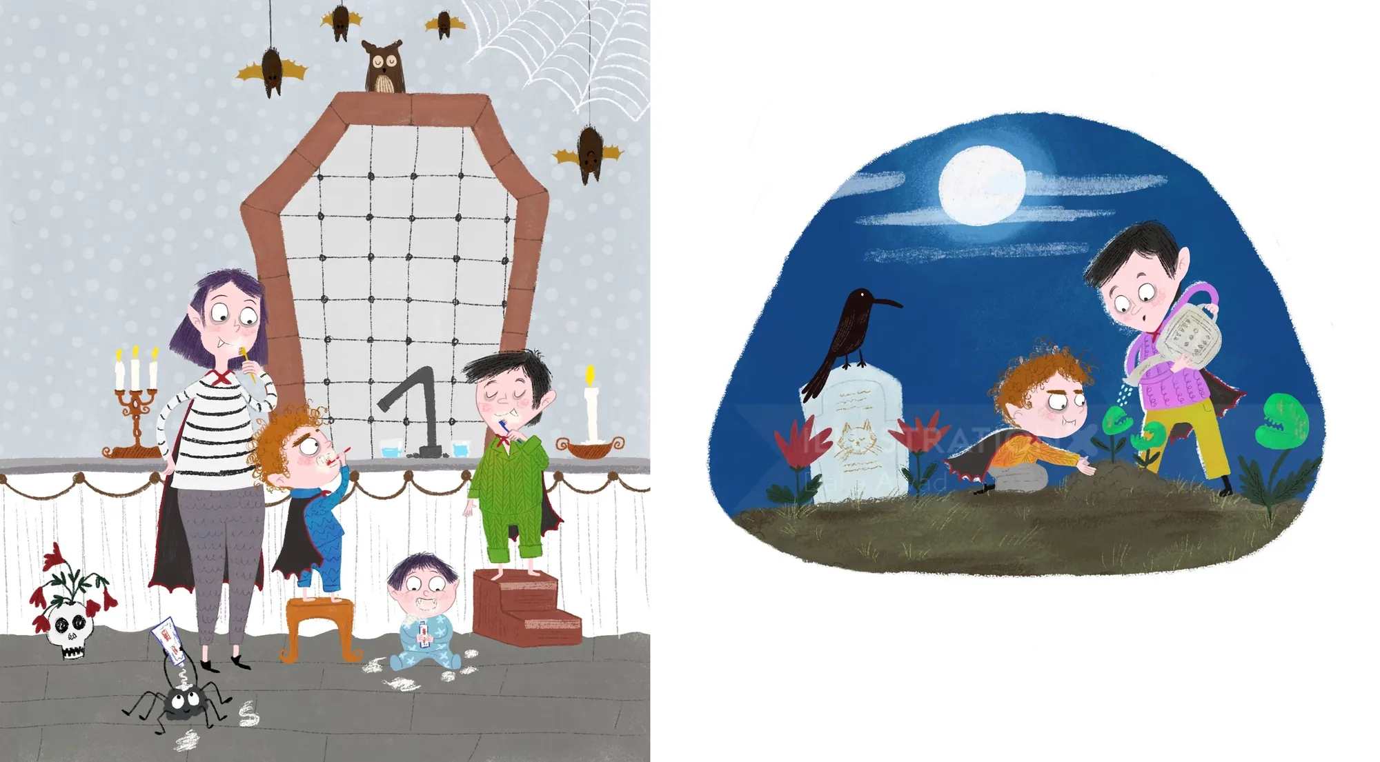 Children playing with magical creatures under a spider web and full moon by Dalia Awad