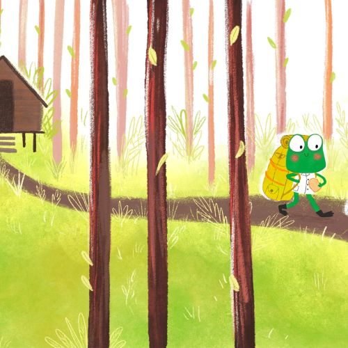 Illustration by Dalia Awad of children and a green companion in a forest