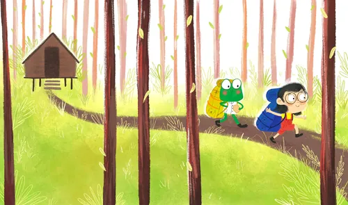 Illustration by Dalia Awad of children and a green companion in a forest