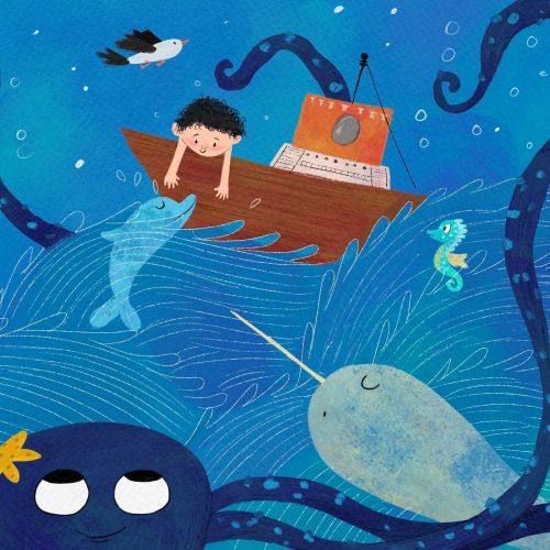 Dalia Awad illustration of a child exploring a whimsical underwater world with whales and fish.