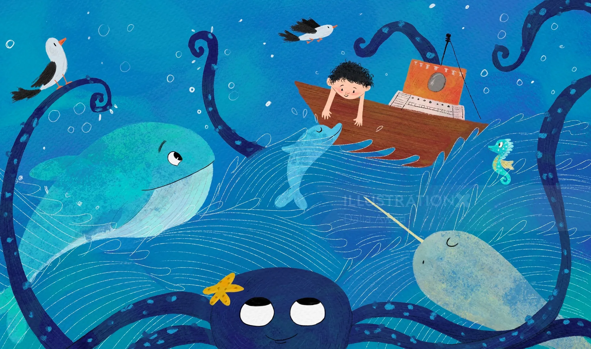 Dalia Awad illustration of a child exploring a whimsical underwater world with whales and fish.