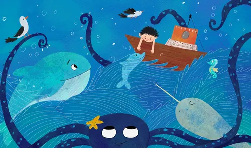 Dalia Awad illustration of a child exploring a whimsical underwater world with whales and fish.