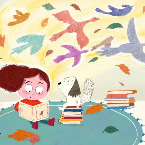 Dalia Awad illustration of a child reading with a dog in a colorful library