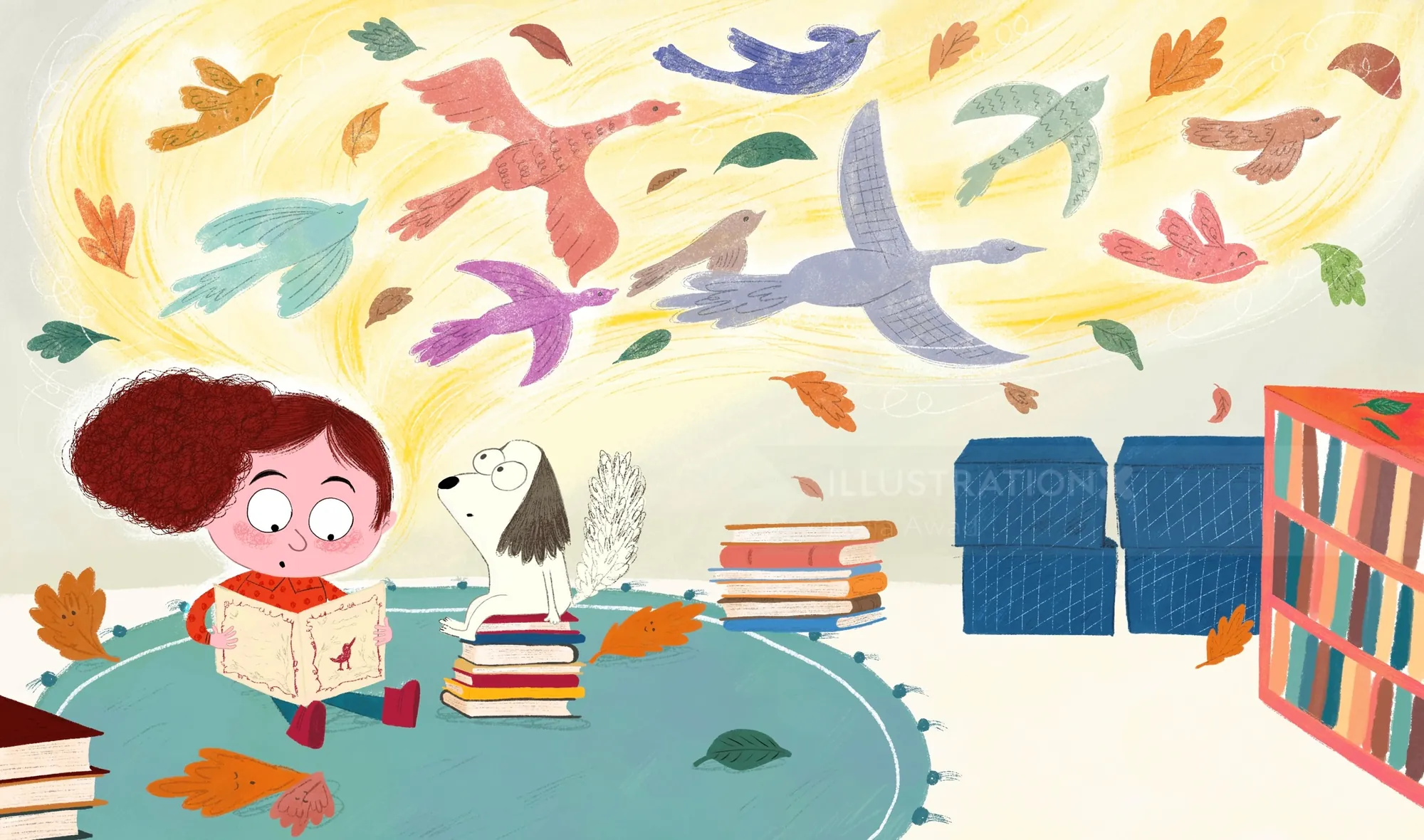 Dalia Awad カラフルな図書館で犬と一緒に本を読んでいる子供のイラスト