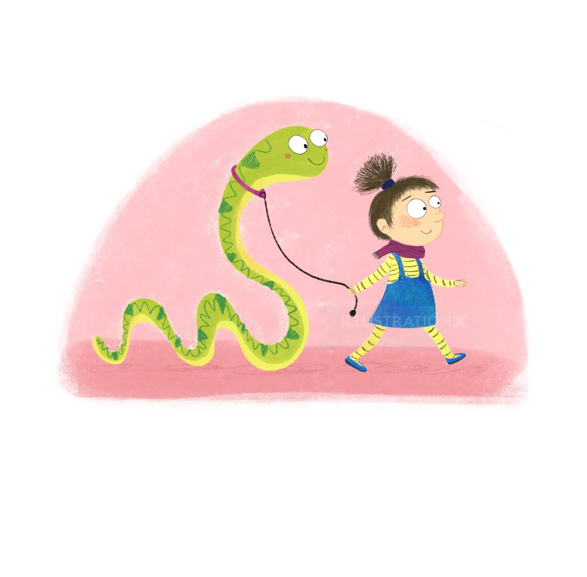 Ilustración del Dalia Awad de una niña paseando a una serpiente verde amigable.