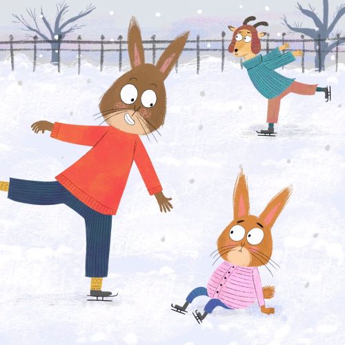 Animals ice skating and playing in snow, illustrated by Dalia Awad