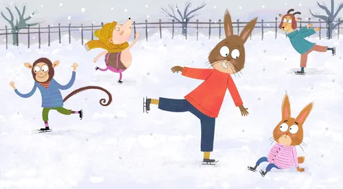 Animals ice skating and playing in snow, illustrated by Dalia Awad