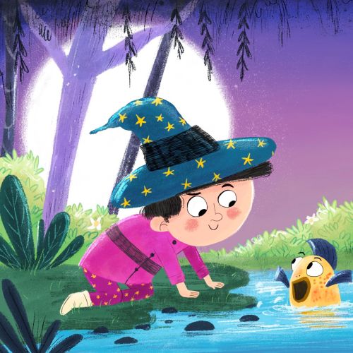 Illustration by Dalia Awad of a young witch beside a stream with a duckling
