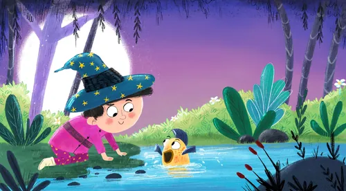 Illustration by Dalia Awad of a young witch beside a stream with a duckling