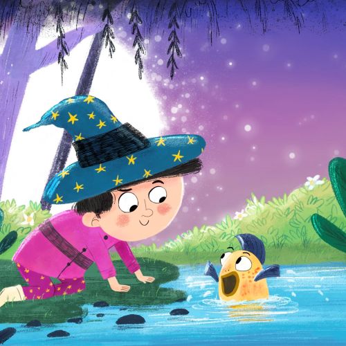 Dalia Awad illustration of a child in a wizard hat beside a pond