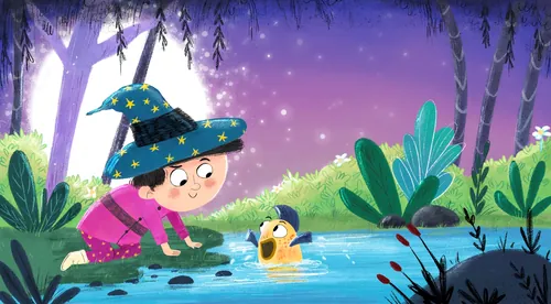 Dalia Awad illustration of a child in a wizard hat beside a pond