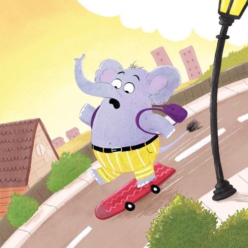 Illustration by Dalia Awad of a purple elephant skateboarding downhill