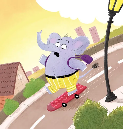 Illustration by Dalia Awad of a purple elephant skateboarding downhill