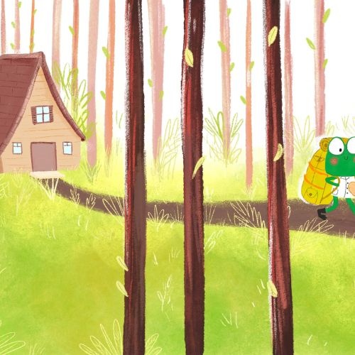 Dalia Awad illustration of children running through a forest near a small house.