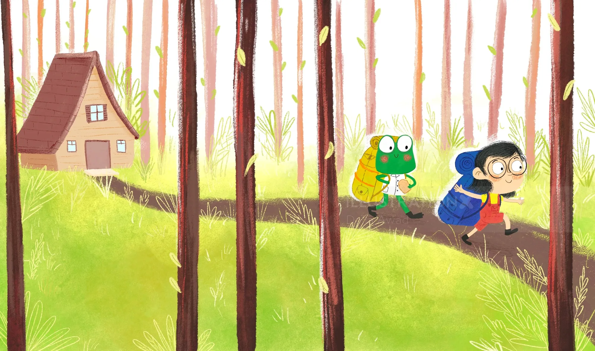 Dalia Awad 小さな家の近くの森の中を走る子供たちのイラスト。